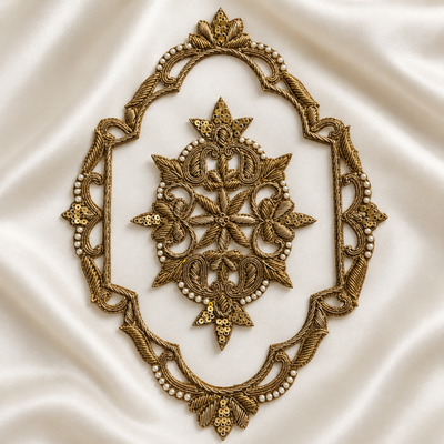 Ornate Floral Zardozi Embroidered Oval Patch with Pearl & Sequin Detailing for Bridal & Designer Wear