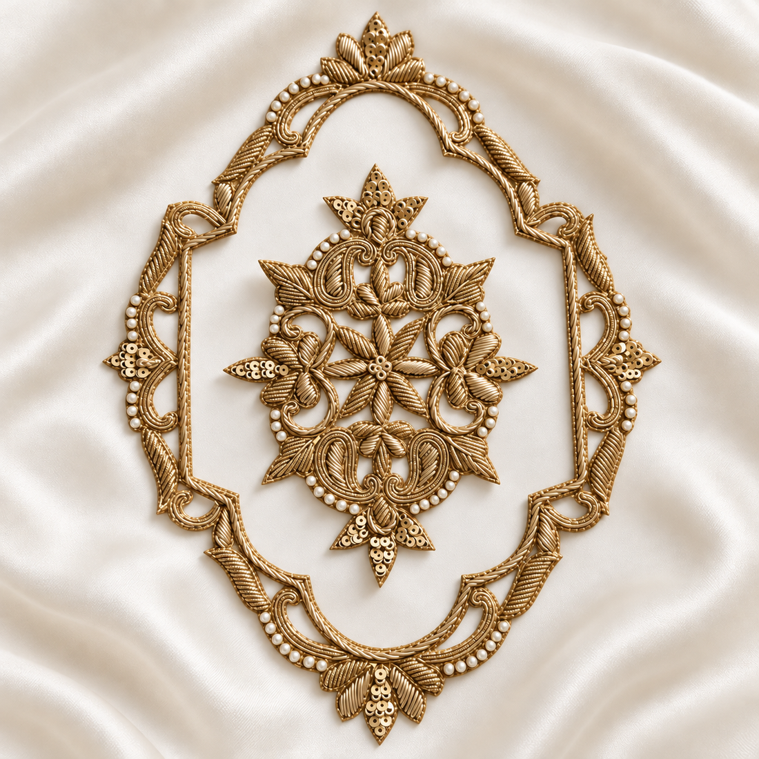 Ornate Floral Zardozi Embroidered Oval Patch with Pearl & Sequin Detailing for Bridal & Designer Wear