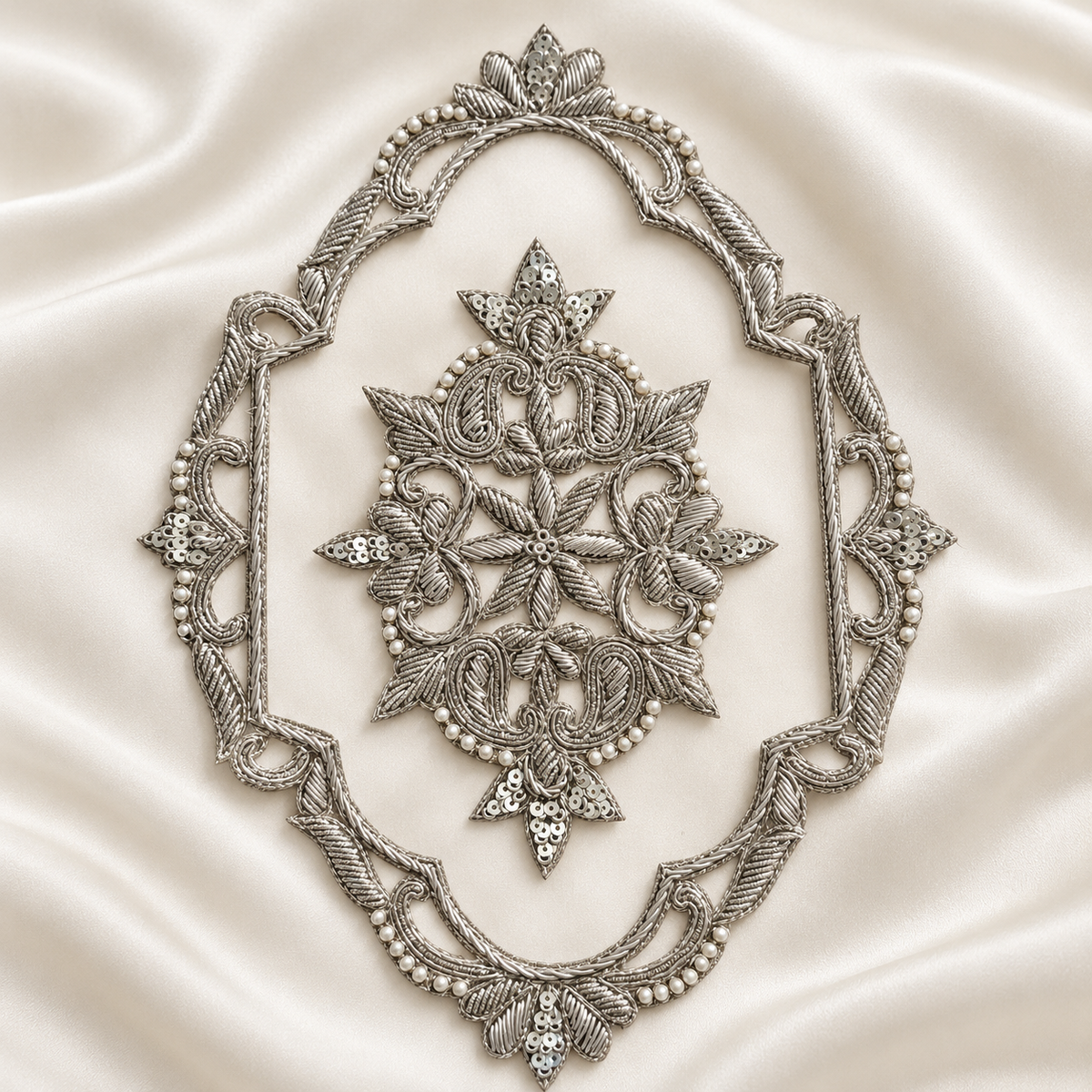 Ornate Floral Zardozi Embroidered Oval Patch with Pearl & Sequin Detailing for Bridal & Designer Wear
