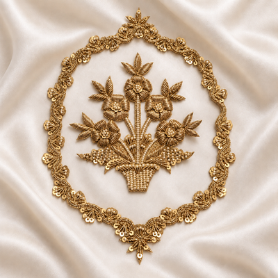 Ornate Floral Basket Zardozi Embroidered Oval Patch with Pearl & Sequin Detailing hover image