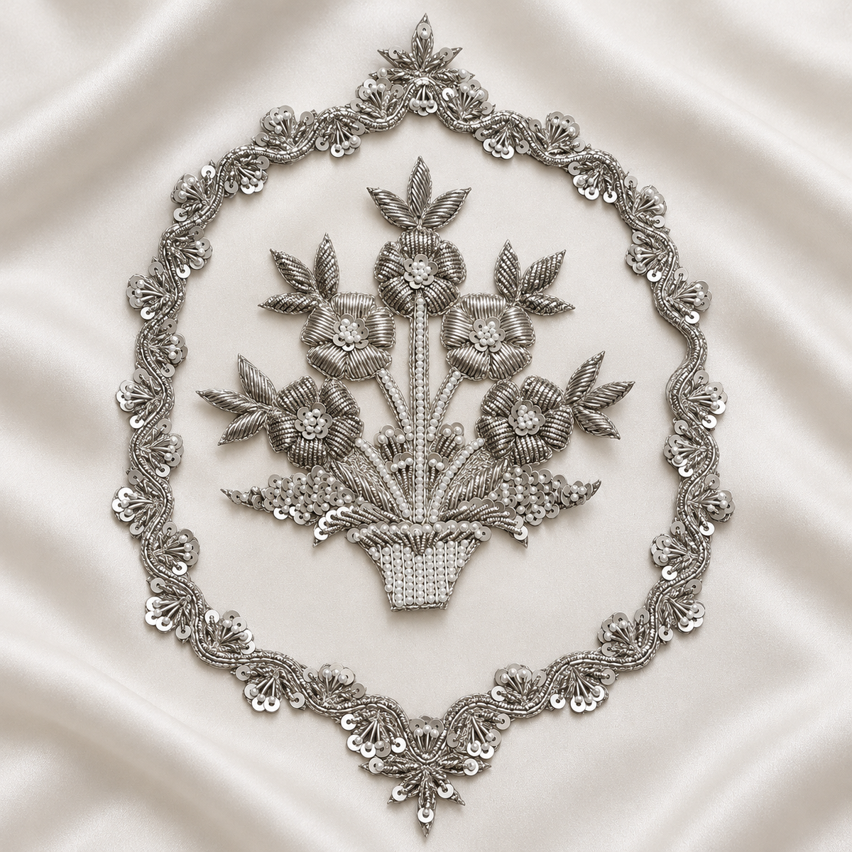 Ornate Floral Basket Zardozi Embroidered Oval Patch with Pearl & Sequin Detailing