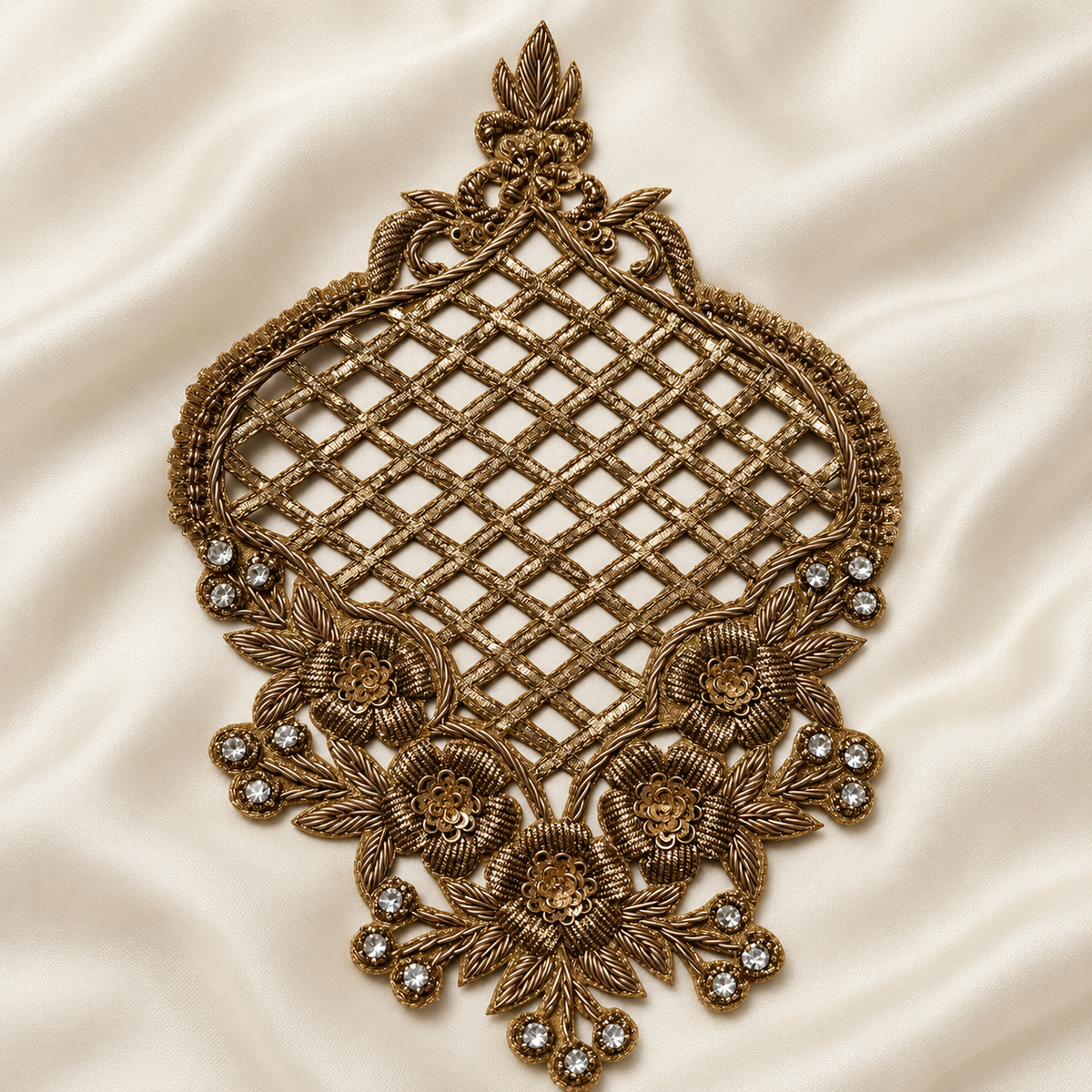 Ornate Floral Jaal Zardozi Embroidered Patch with Lattice Work & Stone Detailing