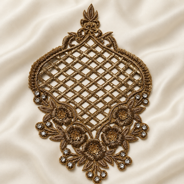 Ornate Floral Jaal Zardozi Embroidered Patch with Lattice Work & Stone Detailing