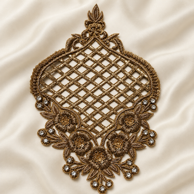 Ornate Floral Jaal Zardozi Embroidered Patch with Lattice Work & Stone Detailing