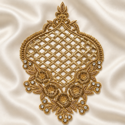 Ornate Floral Jaal Zardozi Embroidered Patch with Lattice Work & Stone Detailing hover image