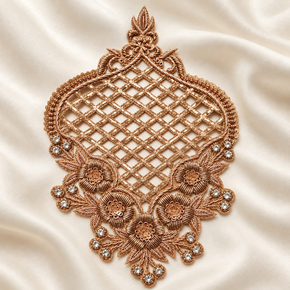 Ornate Floral Jaal Zardozi Embroidered Patch with Lattice Work & Stone Detailing