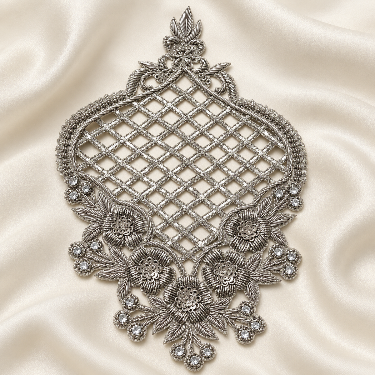 Ornate Floral Jaal Zardozi Embroidered Patch with Lattice Work & Stone Detailing
