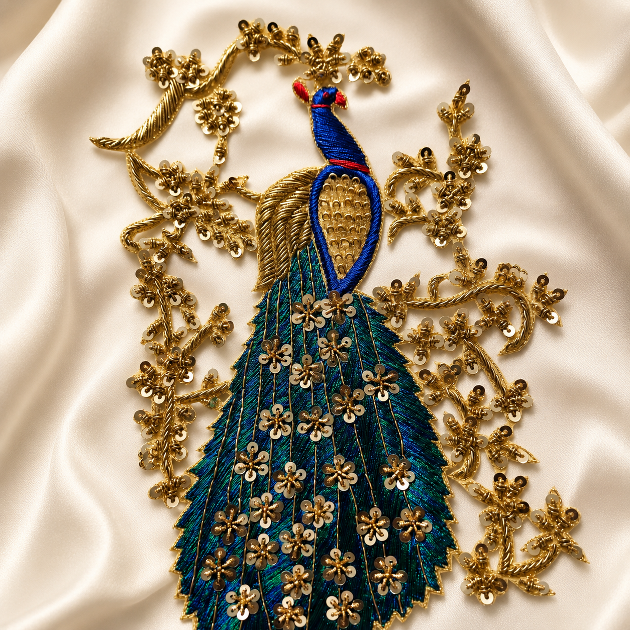 Handcrafted Peacock Floral Vine Embroidered Designer Patch