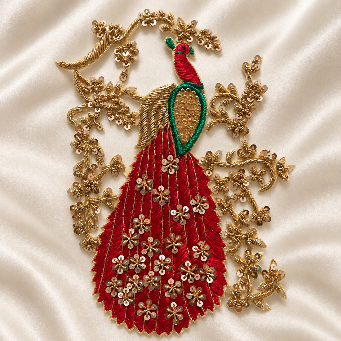 Handcrafted Peacock Floral Vine Embroidered Designer Patch