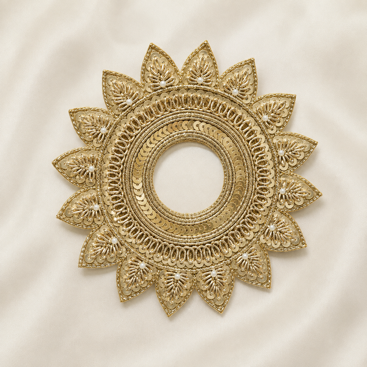 Circular Floral Sequin & Pearl Embellished Ring Patch for Bridal & Designer Wear