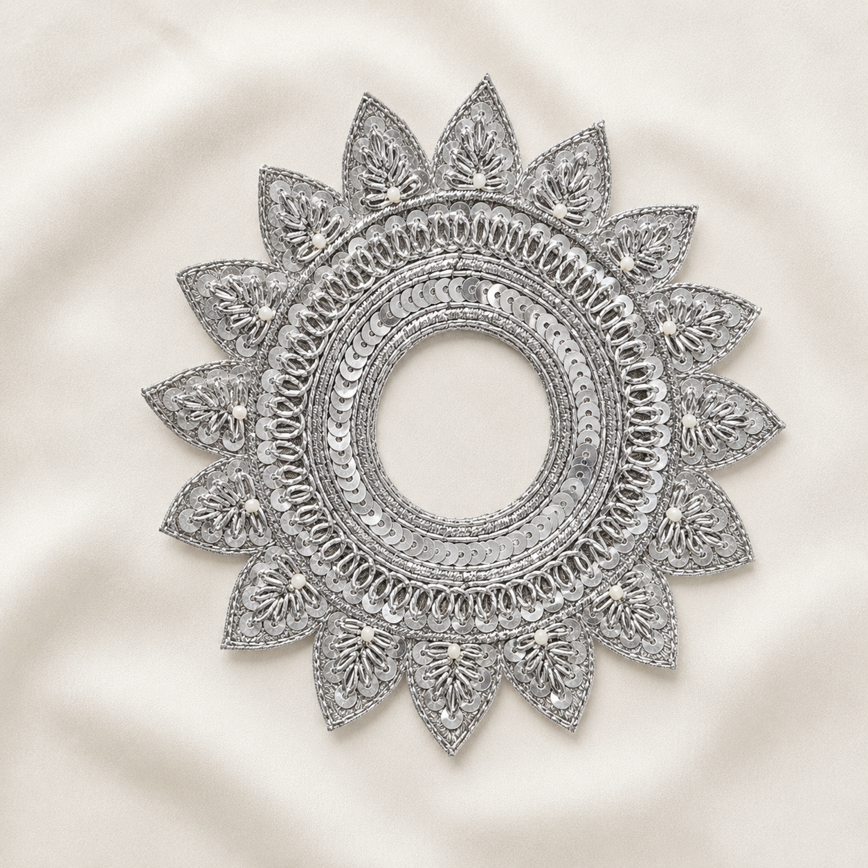 Circular Floral Sequin & Pearl Embellished Ring Patch for Bridal & Designer Wear