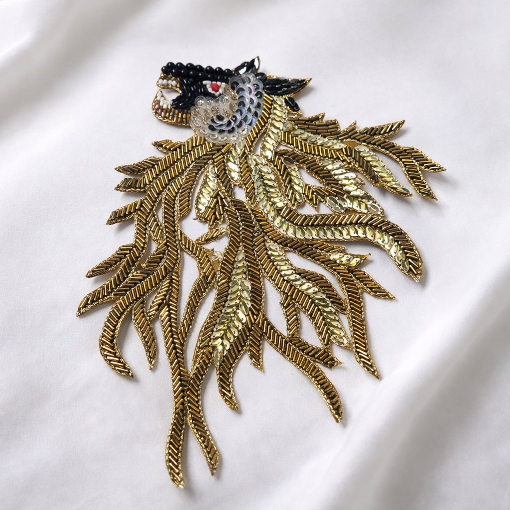 Bird Motif Sequin & Beaded Embroidered Appliqué Patch for Bridal & Designer Wear