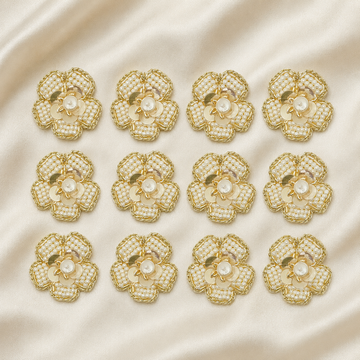 Handcrafted White Pearl Floral Zardosi Patch