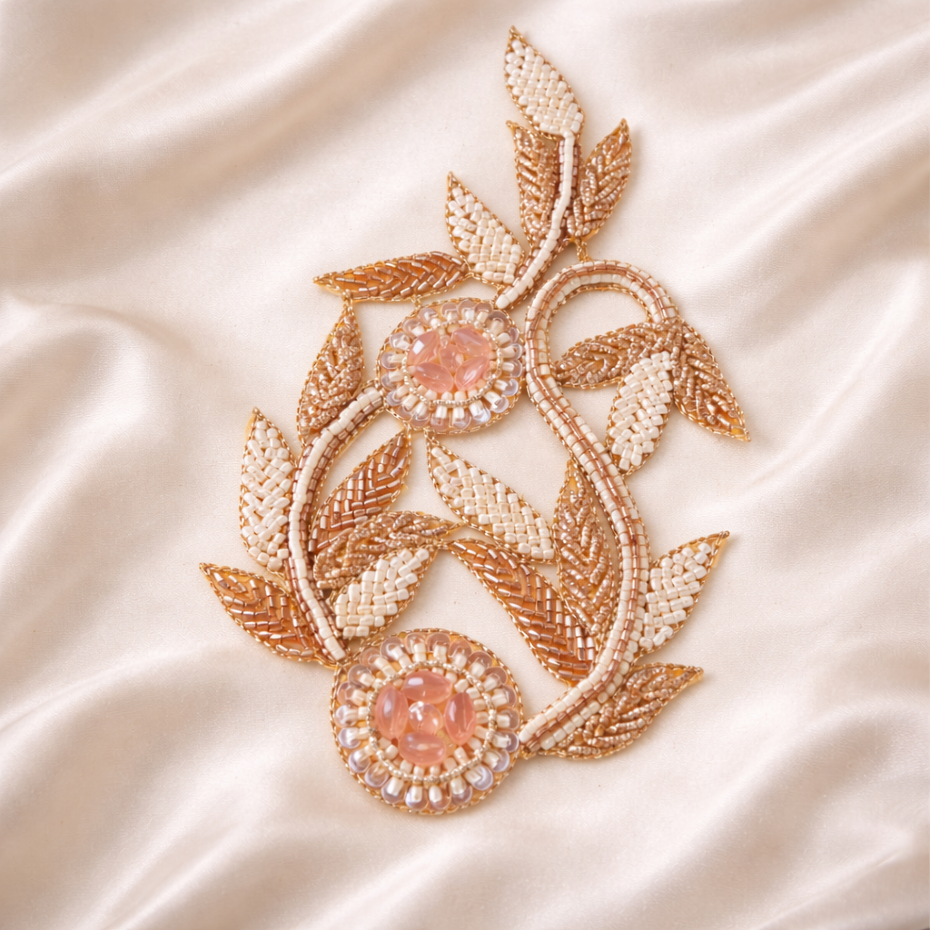 Handcrafted Peach & Gold Floral Beaded Patch