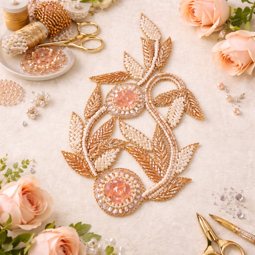 Handcrafted Peach & Gold Floral Beaded Patch