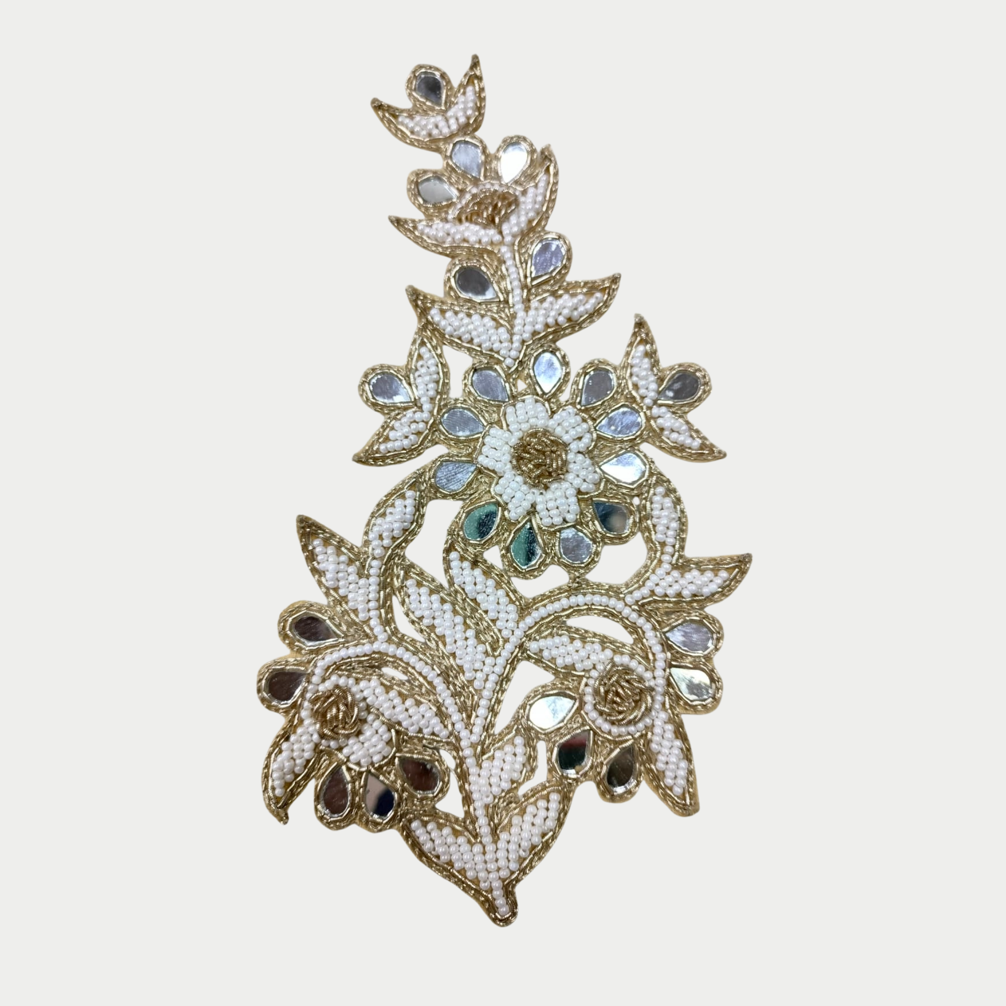 White & Gold Handcrafted Kundan-Style Beaded Patch