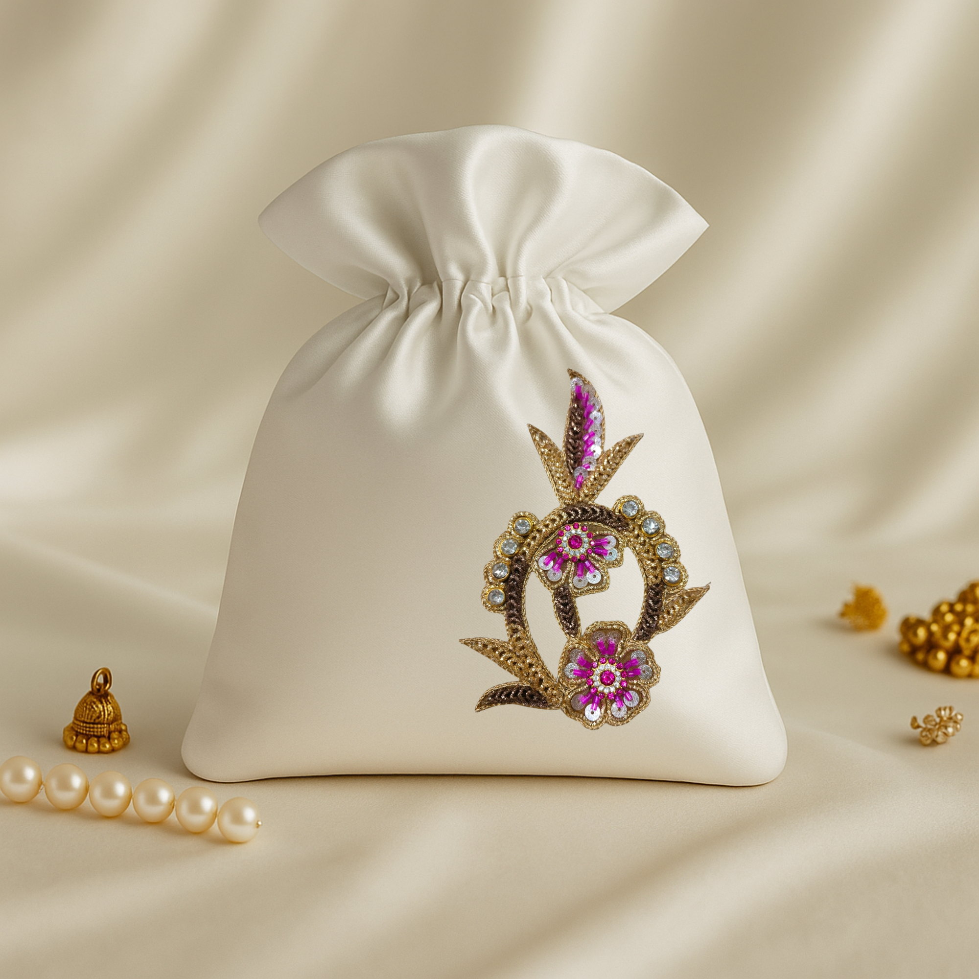 Gold Floral Vine Patch with Pink Stone & Bead Work