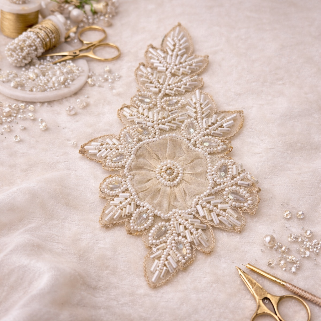White Pearl Floral Hand-Embroidered Patch