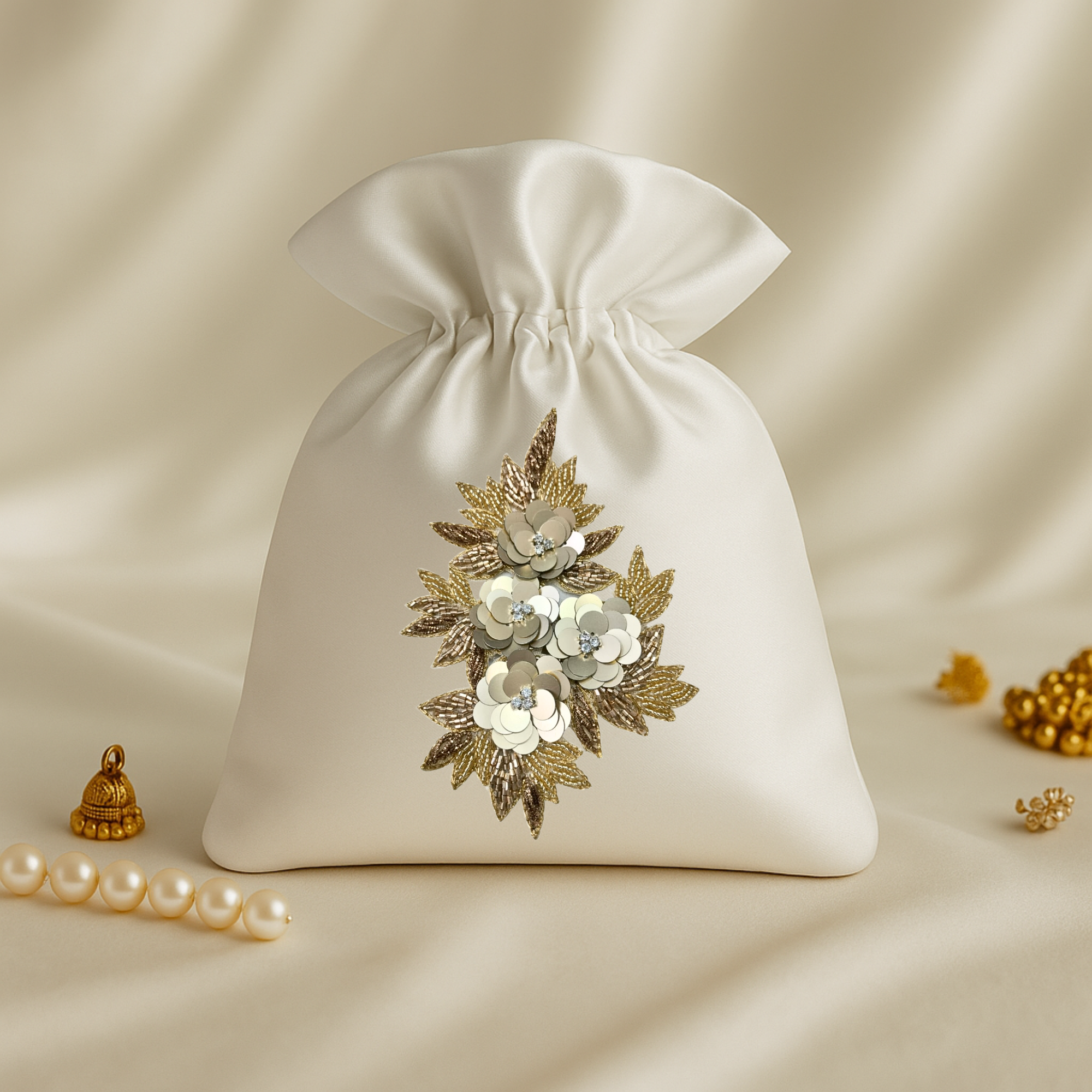 Gold Sequin Floral Cluster Patch with Beaded Leaves