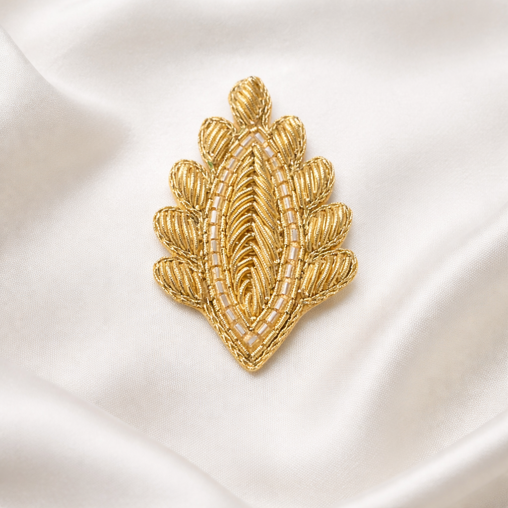 Leaf Motif Metallic Handwork Appliqué Patch with Beaded Detailing