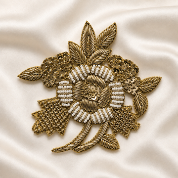 Layered Floral Leaf Metallic Cord Beaded Sequin Embroidered Patch