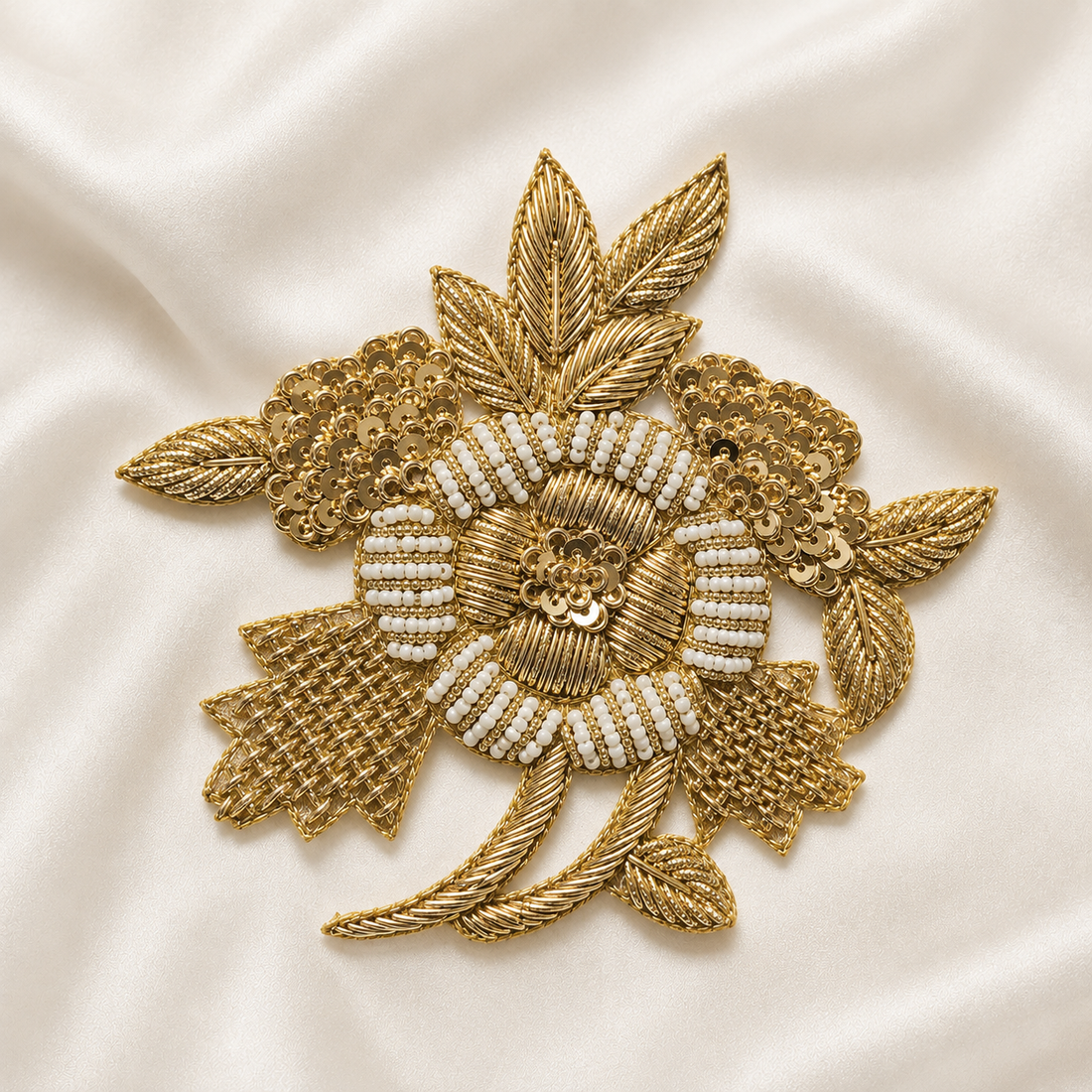 Layered Floral Leaf Metallic Cord Beaded Sequin Embroidered Patch