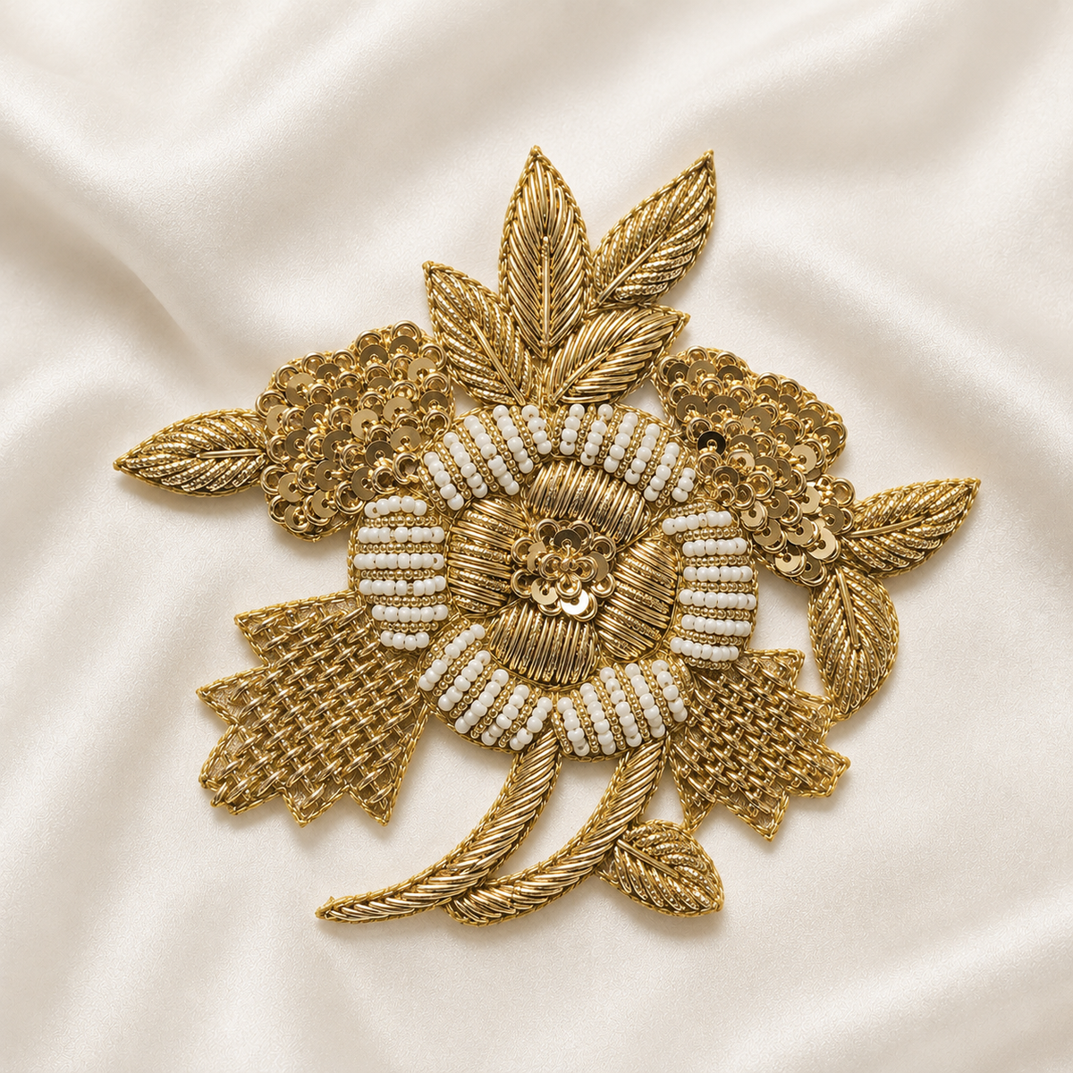 Layered Floral Leaf Metallic Cord Beaded Sequin Embroidered Patch