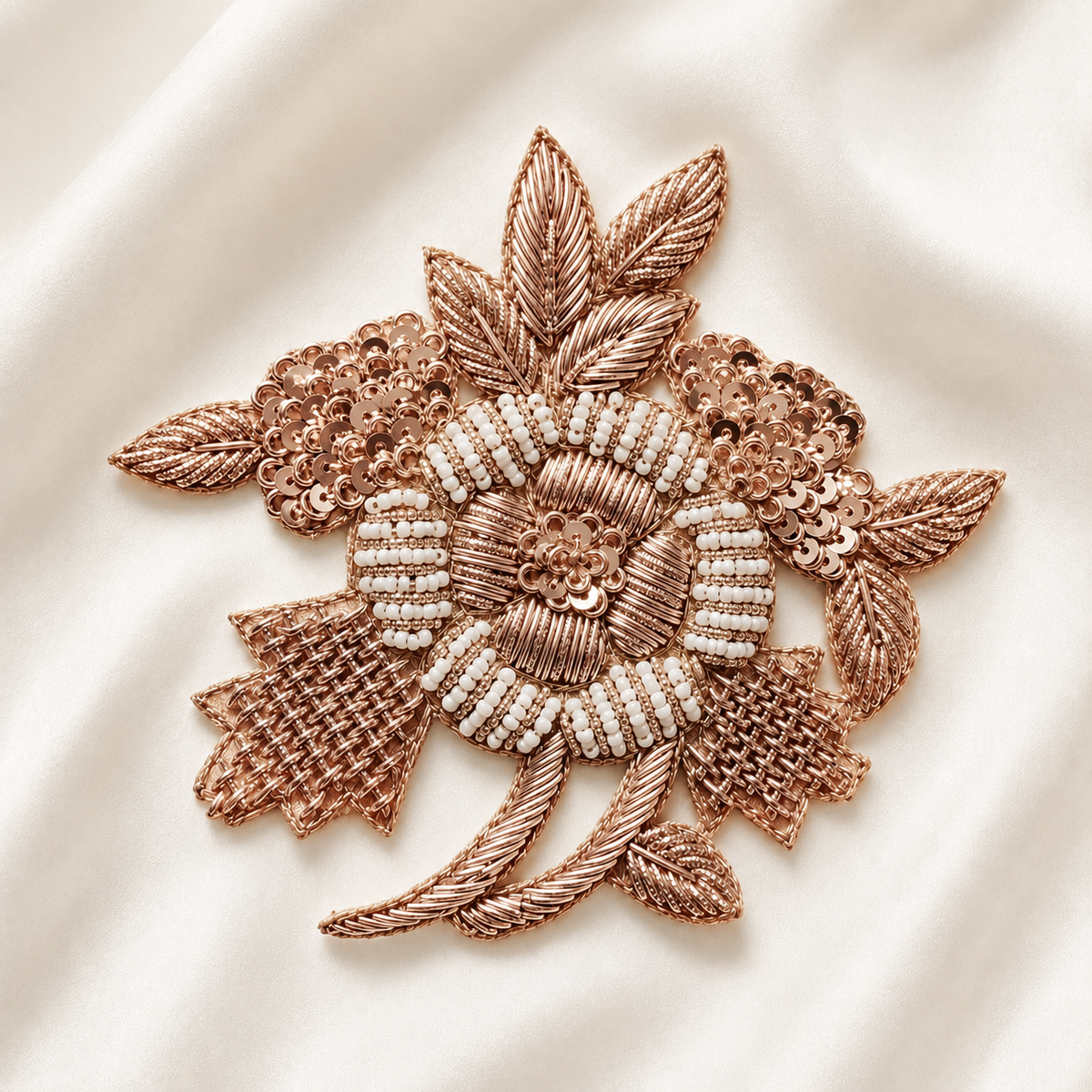 Layered Floral Leaf Metallic Cord Beaded Sequin Embroidered Patch