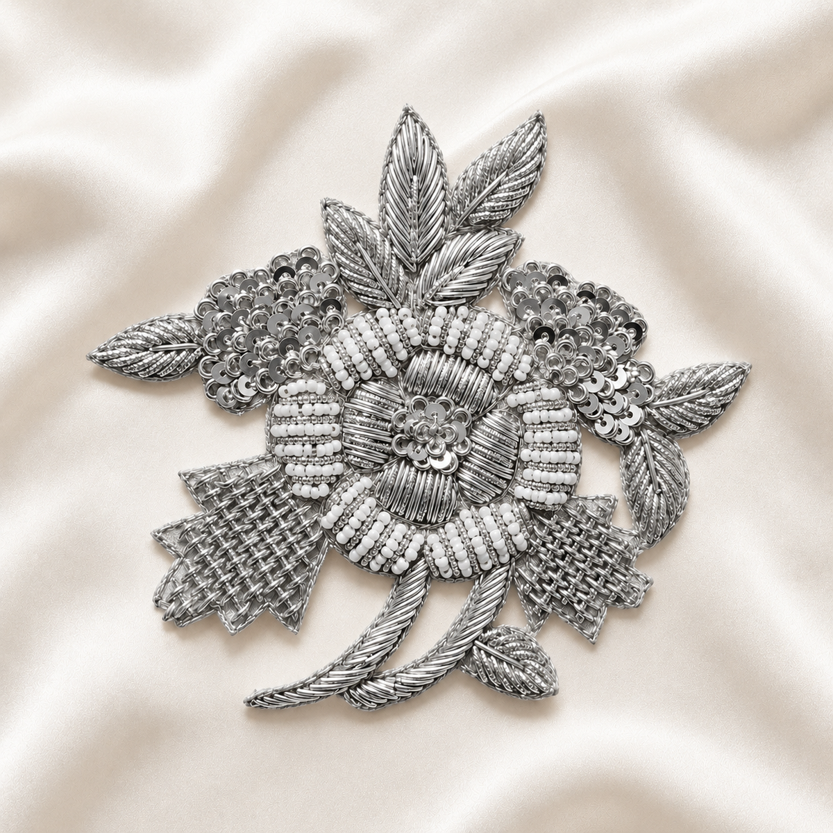 Layered Floral Leaf Metallic Cord Beaded Sequin Embroidered Patch