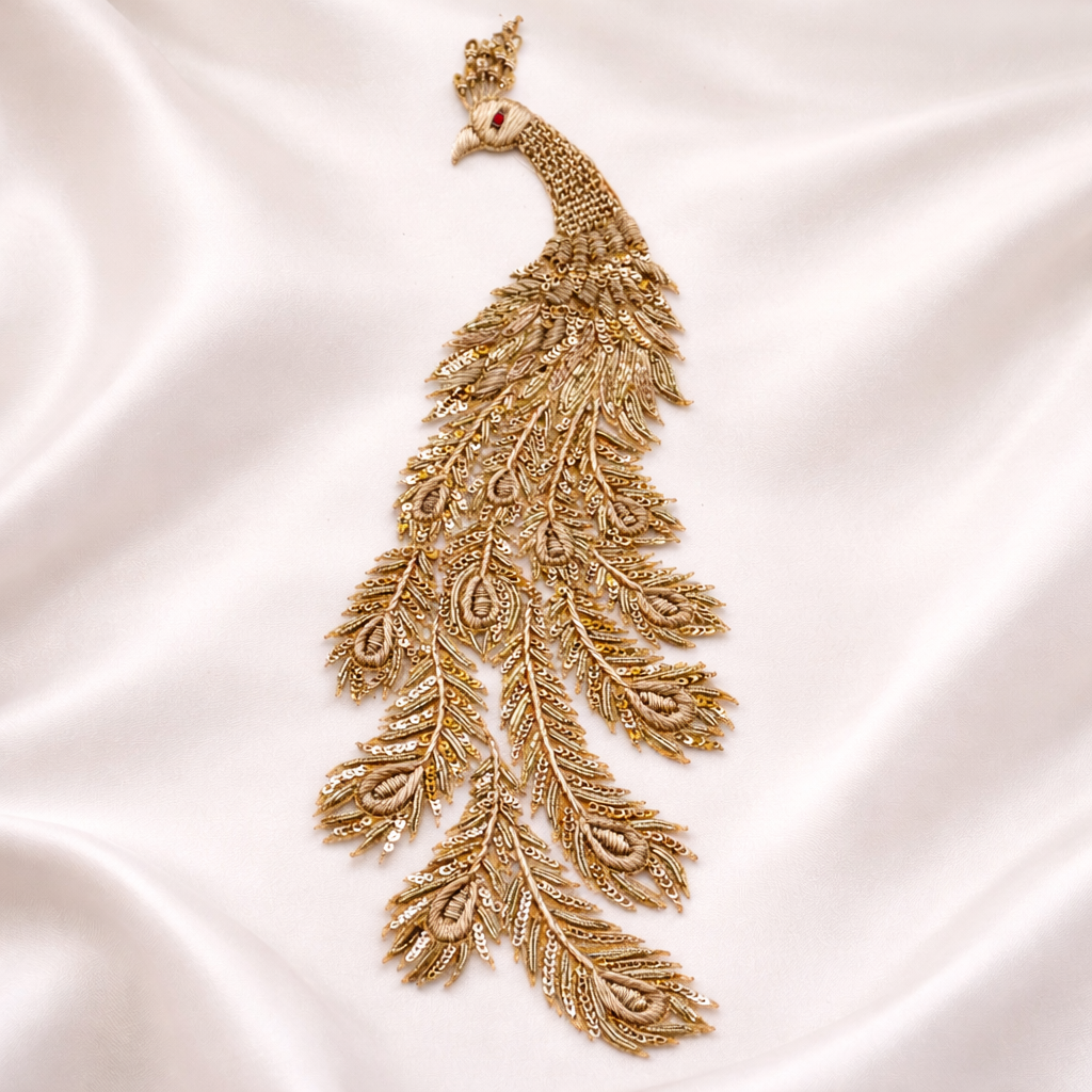 Handcrafted Peacock Zari Embroidered Applique Patch
