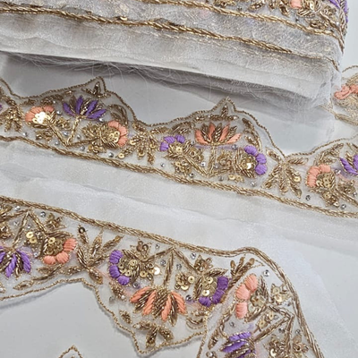 Floral Zardozi Peach And Lavendar Scalloped Lace Border