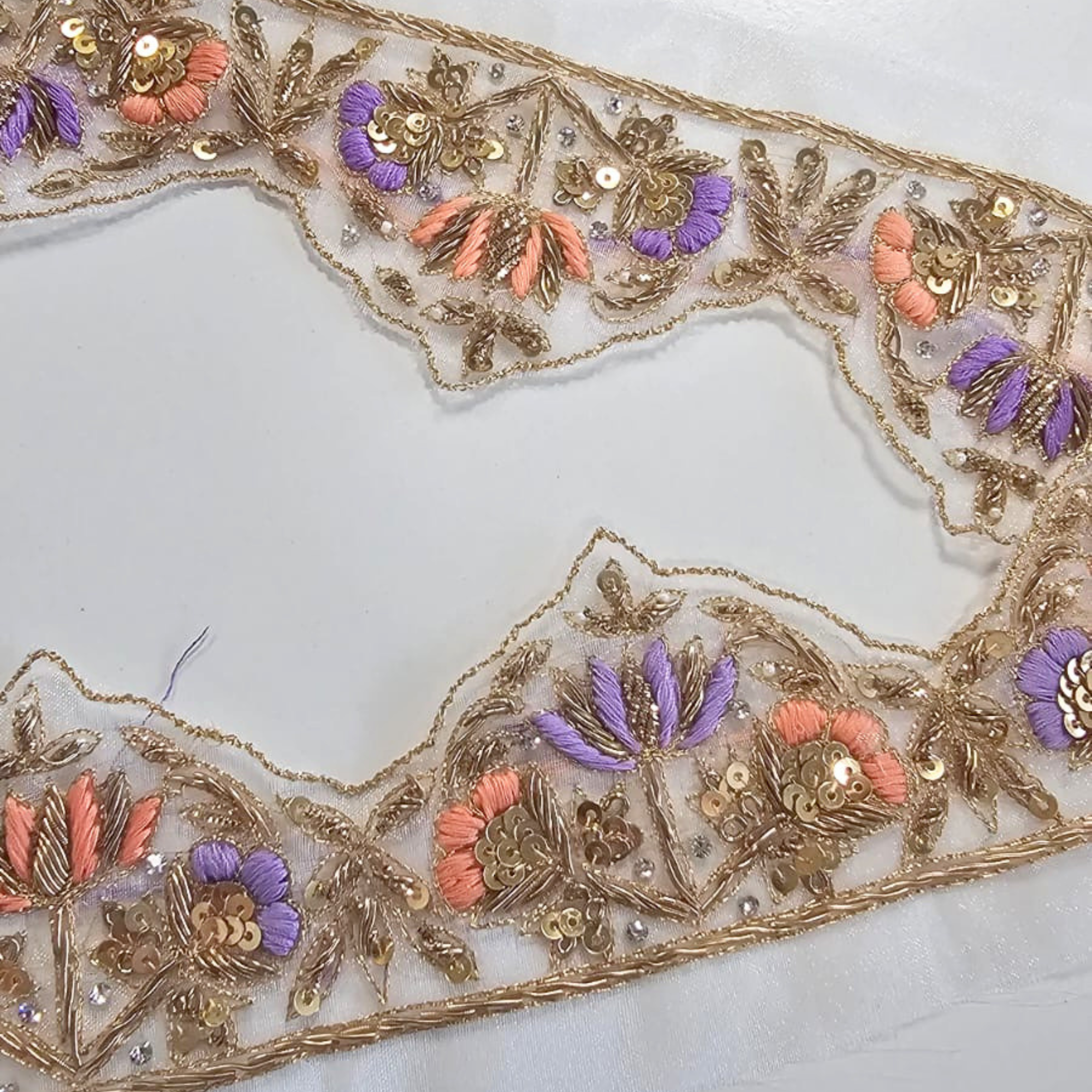 Floral Zardozi Peach And Lavendar Scalloped Lace Border