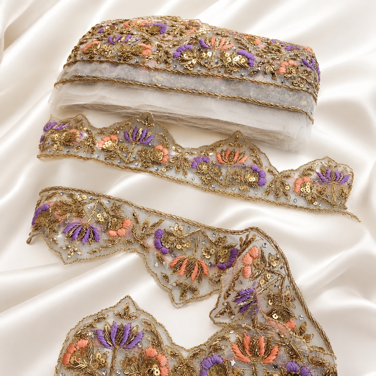 Floral Zardozi Peach And Lavendar Scalloped Lace Border