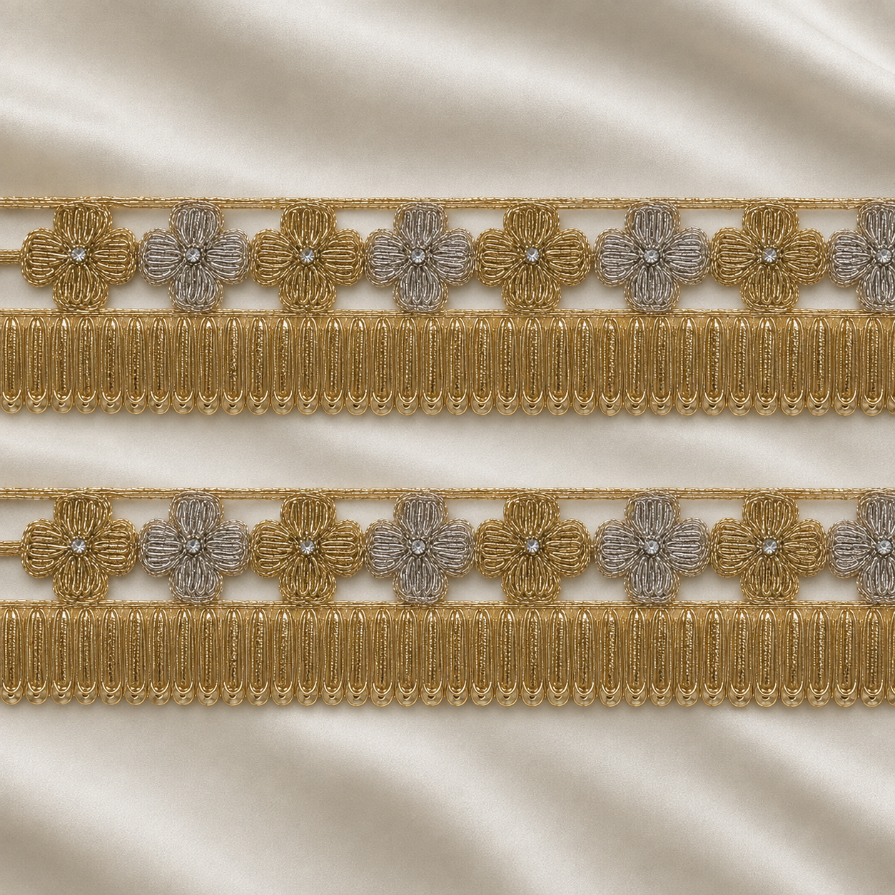 Dual-Tone Floral Metallic Embroidered Fringe Lace Border