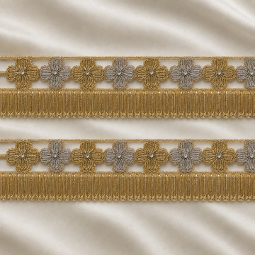 Dual-Tone Floral Metallic Embroidered Fringe Lace Border
