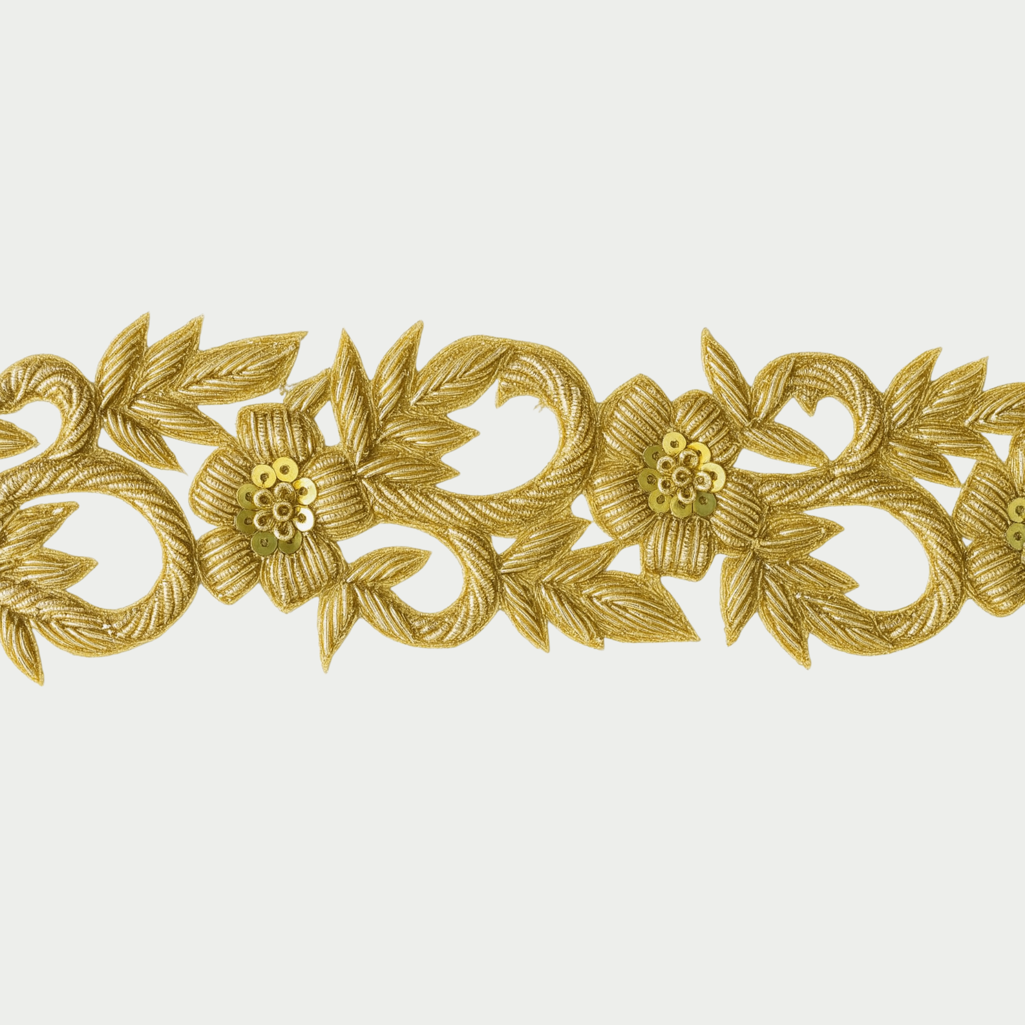 Gold Handcrafted Zardozi Floral Embroidery Lace Trim with Sequin Center Detailing