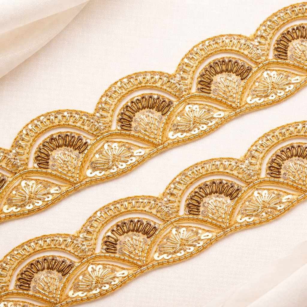 Champagne Gold Handcrafted Zardozi Scalloped Lace Border with Sequin Detailing