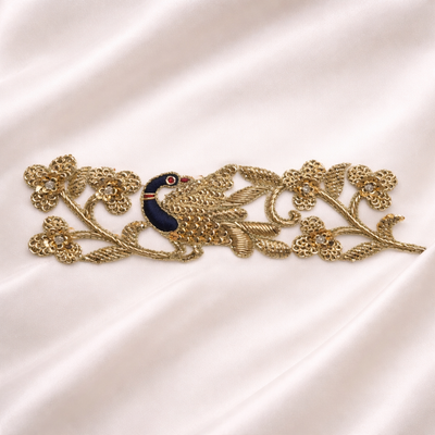Handcrafted Zardozi Peacock Embroidered Border Lace with Metallic Thread Detailing
