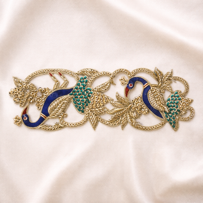 Handcrafted Dual Peacock Zardozi Embroidered Border Lace with Threadwork & Metallic Detailing