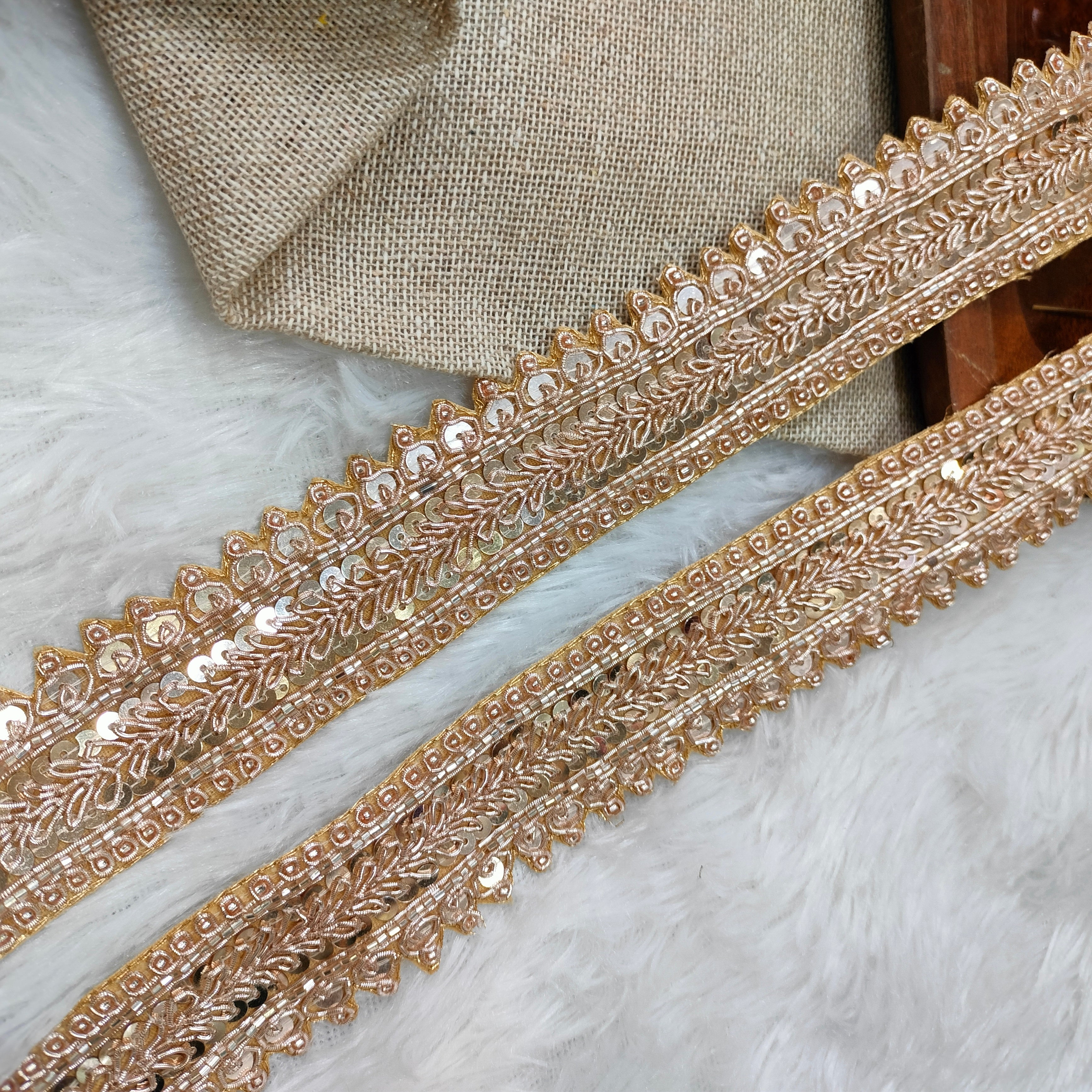Rose Gold Handcrafted Zardozi Lace Border with Sequin & Scalloped Detailing