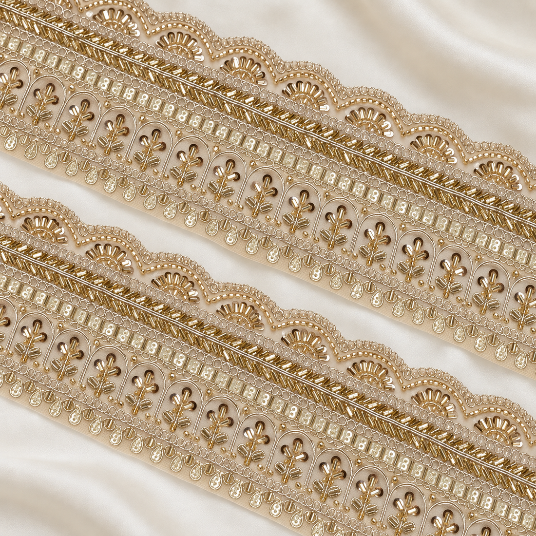 Scalloped Floral Bugle Bead and Sequin Embroidered Wide Lace Border