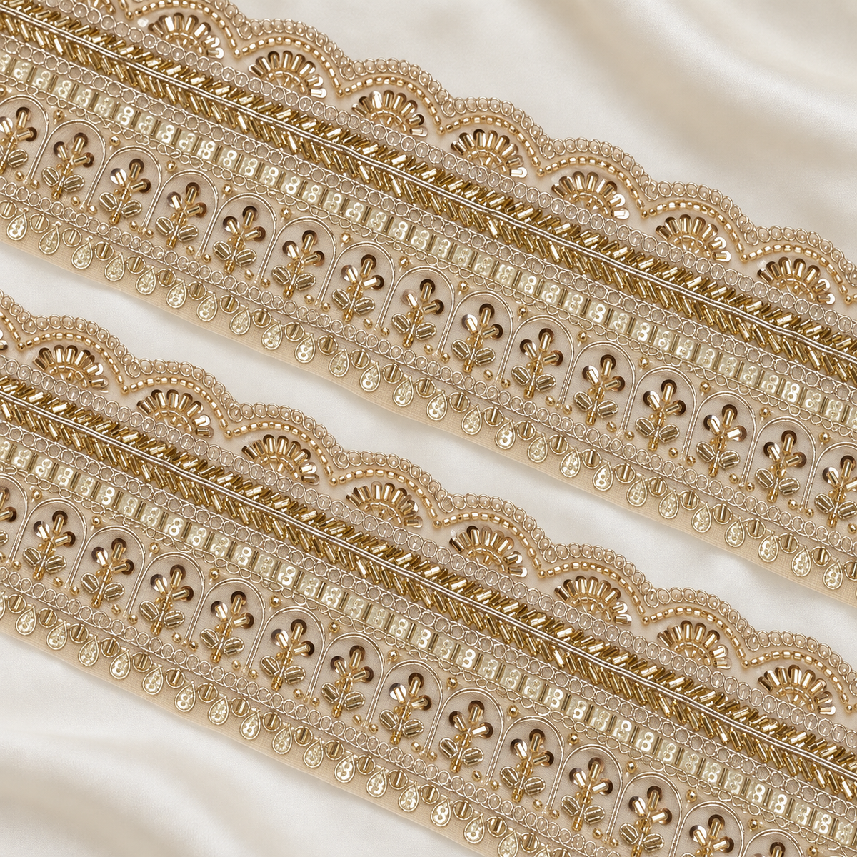 Scalloped Floral Bugle Bead and Sequin Embroidered Wide Lace Border