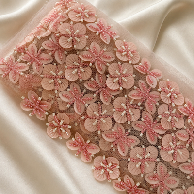 Blush Pink Handcrafted Beaded Floral Lace Trim Border