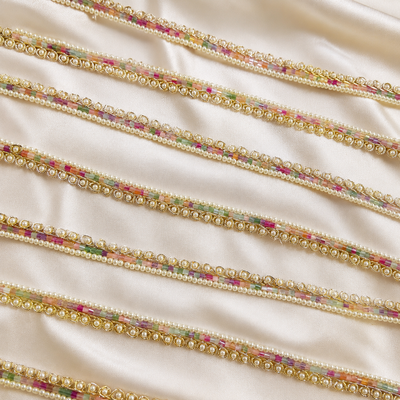 Pearl and Multicolor Tube Bead Handcrafted Net Lace Trim
