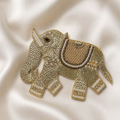 Handcrafted Elephant Pearl and Crystal Embroidered Designer Patch