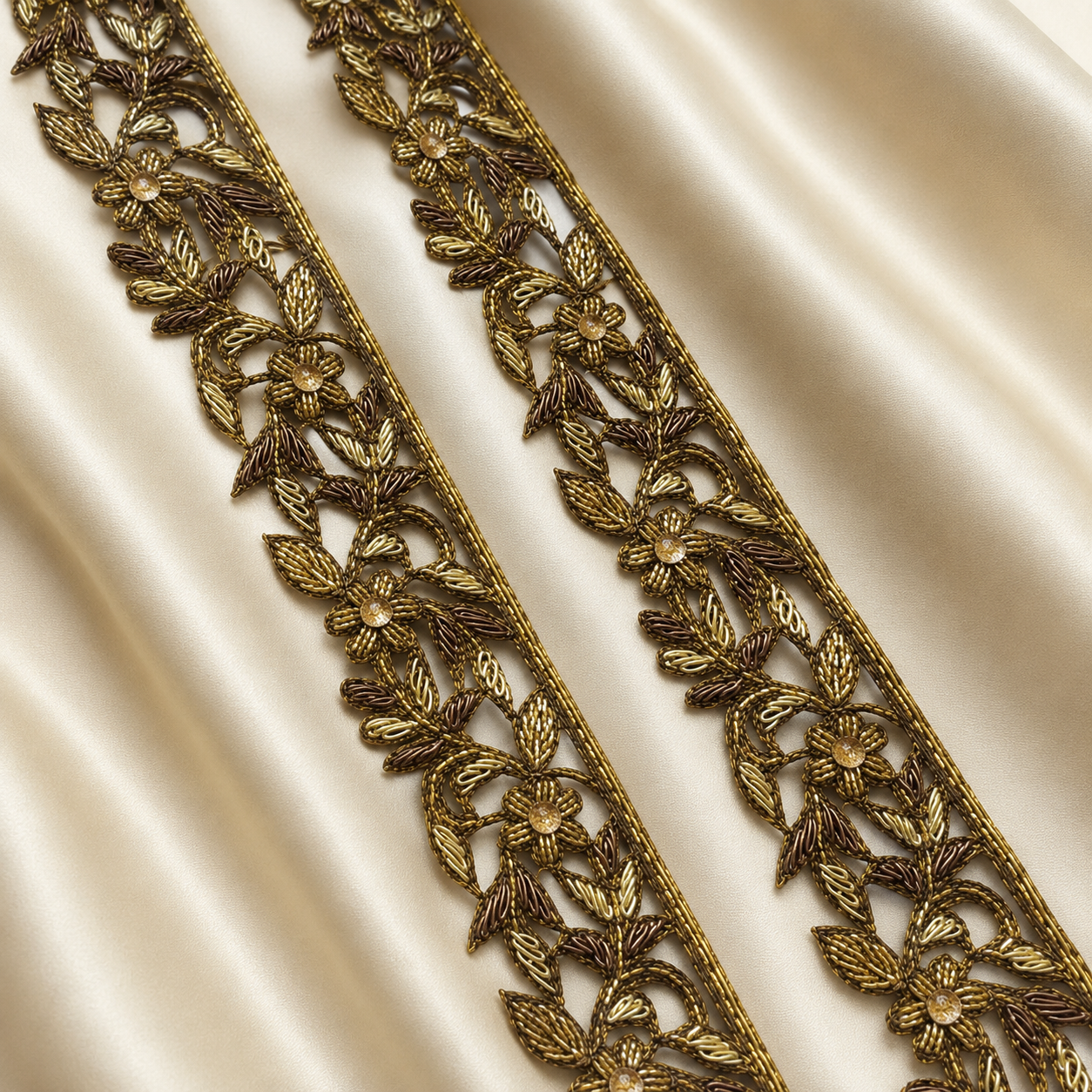 Antique Gold Floral Beaded Lace Trim with Zardozi Detailing