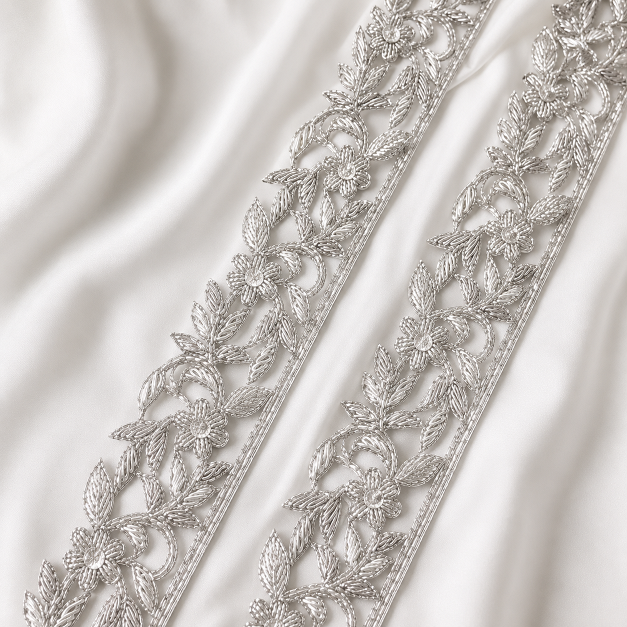 Silver Floral Beaded Lace Trim with Zardozi Detailing