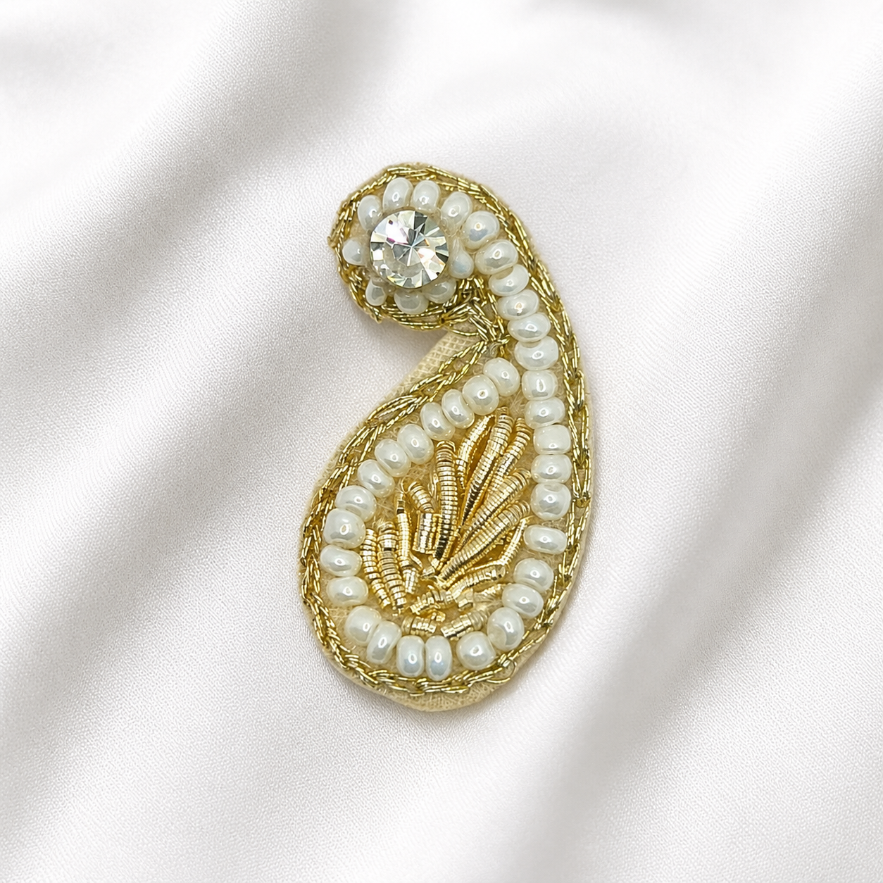 Light Gold Keri-Shaped Zardozi Patch with White Pearls