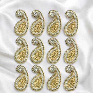 Light Gold Keri-Shaped Zardozi Patch with White Pearls
