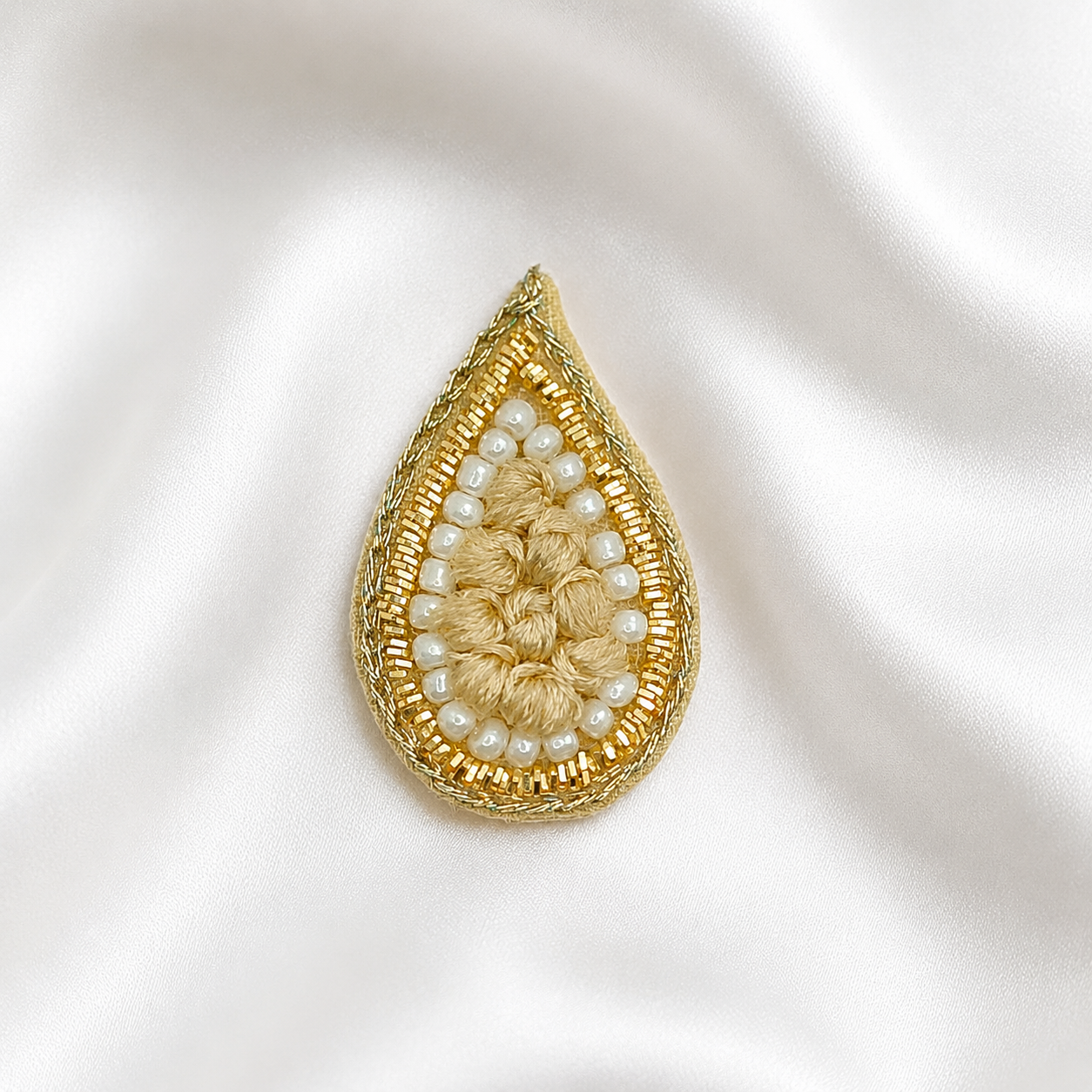 Light Gold Drop Zardosi Patch with White Pearls